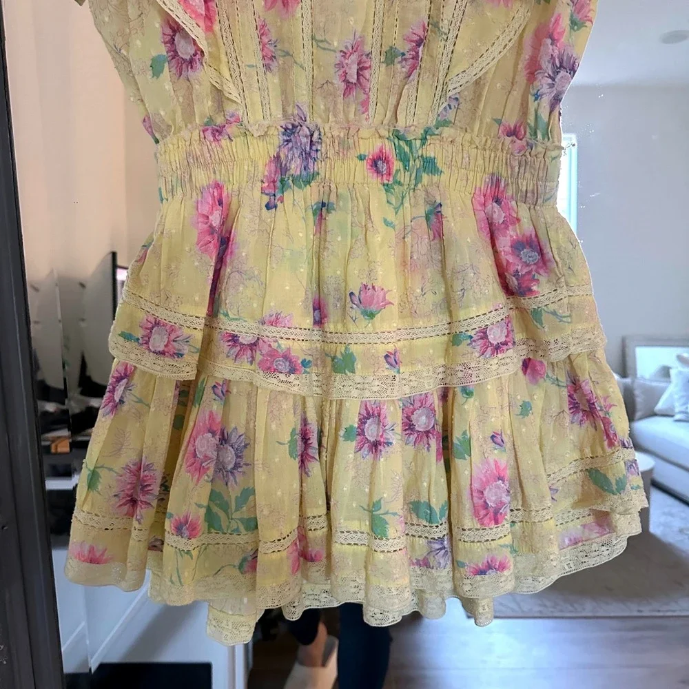 LoveShackFancy Natasha Floral Ruffle Mini Dress Smocked Waist Lace Trim S